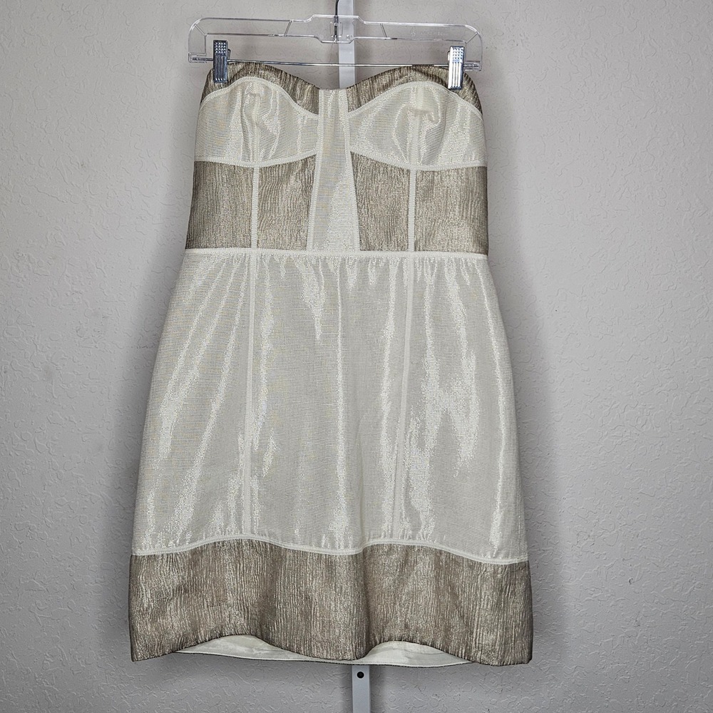 Phoebe Couture Metallic Silk Blend Strapless Cocktail Dress Cream Gold Size 12
